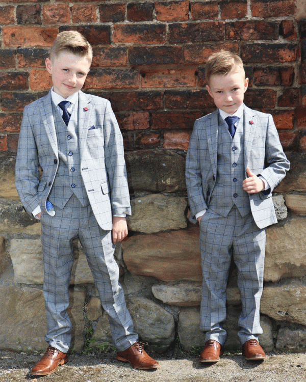 To Hire, Boys Bennetti Navy/Grey Check Jacket Suit (full outfit) - Image 3