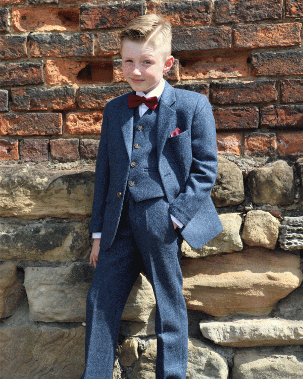 To Hire, Boys Torre Blue Herringbone 100% wool Tweed Suit (full outfit)