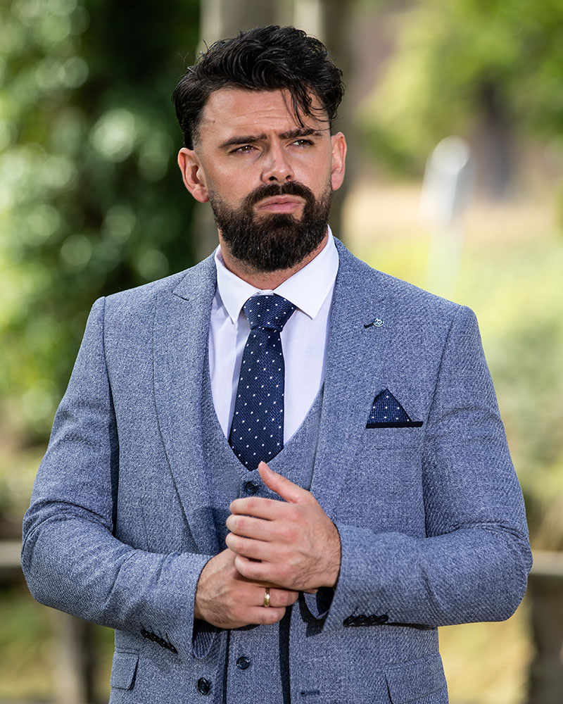 To Buy Simon Blue Jacket and Waistcoat with contrasting Navy Trousers Copy Top Mark Suits